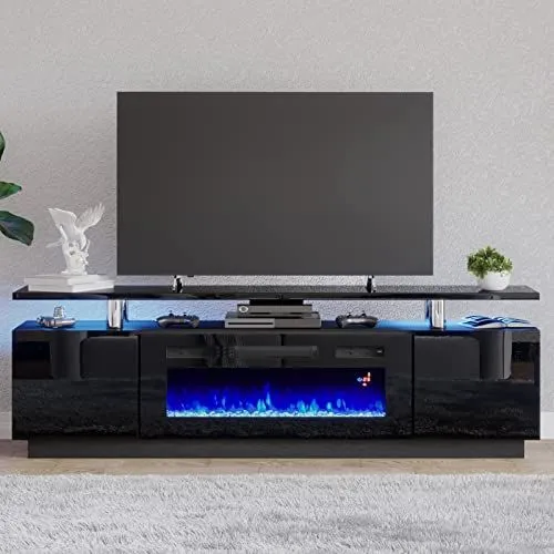 AMERLIFE Fireplace TV Stand with 36" Fireplace, 70" Modern High Gloss Entertainment Center LED Lights, 2 Tier TV Console Cabine...